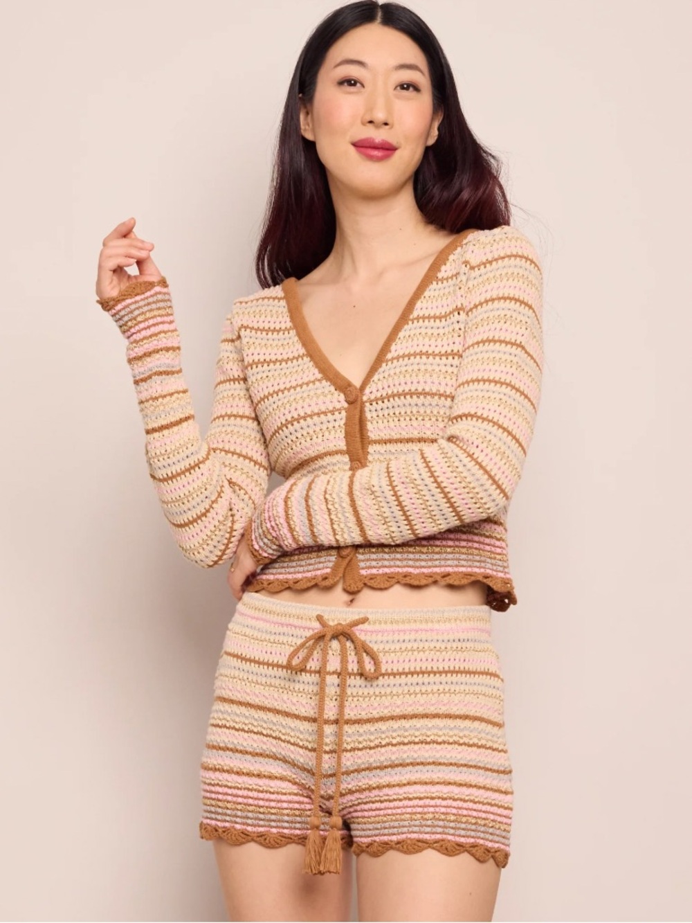 Cara Cara Lilana Cardigan Moira Shorts Clay Striped Lurex Crochet Set NWT Size S